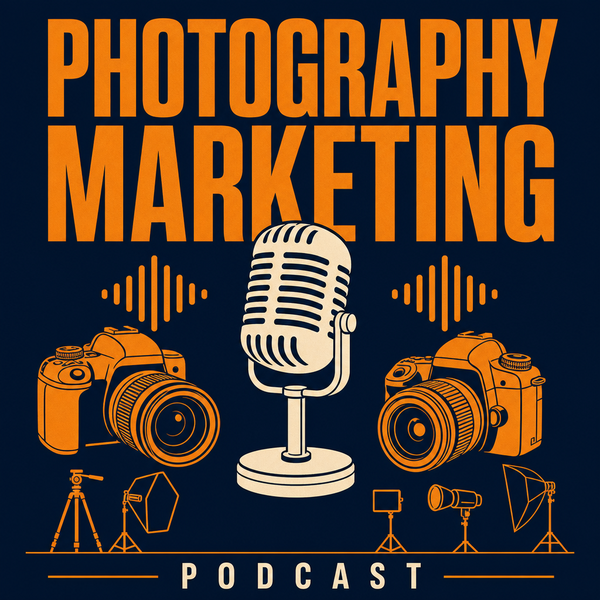 The Photography Marketing Podcast cover art — studio microphone and camera